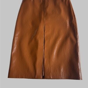 The Frankie Shop Brown Faux-Leather Midi Pencil Skirt with Front Slit